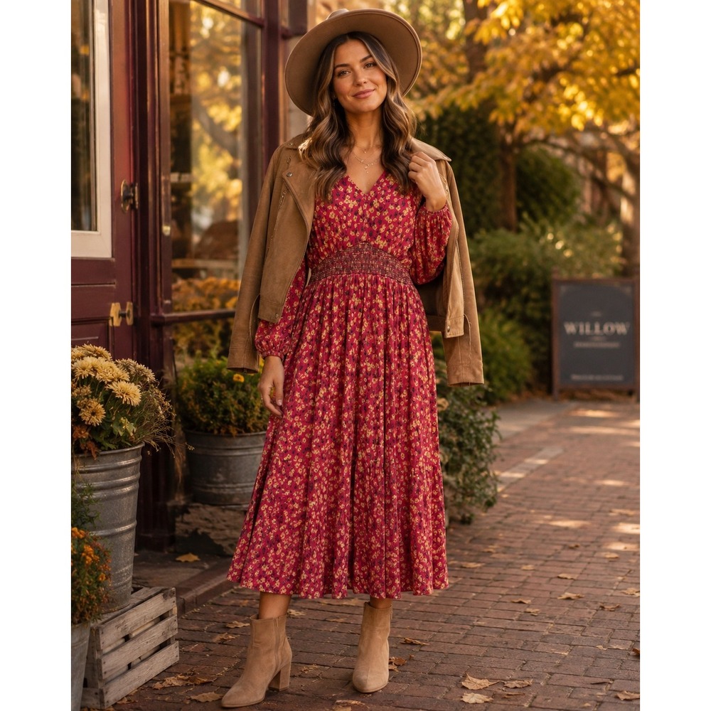 Garnet Hill Floral Dress Women's Size 12 Boho Smocked Cottagecore Fall Midi